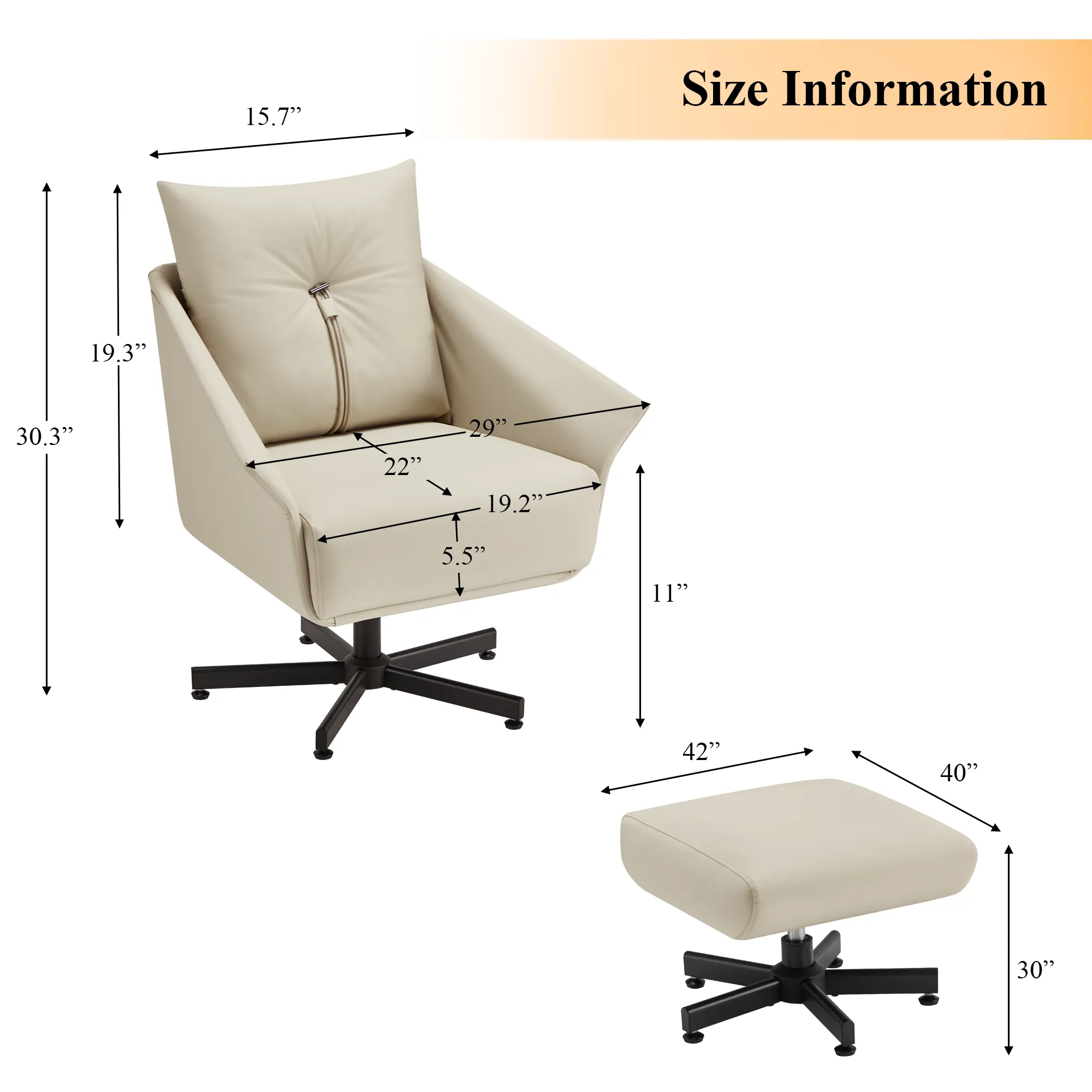 Swivel Lazy Chair with Ottoman, Home Desk Chair with Soft Faux Leather Pillow for Living Room, Beige